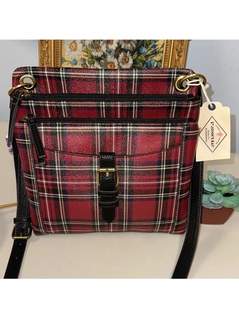St John’s Bay Willow Tartan Plaid Red Black Double Stacked Crossbody Purse